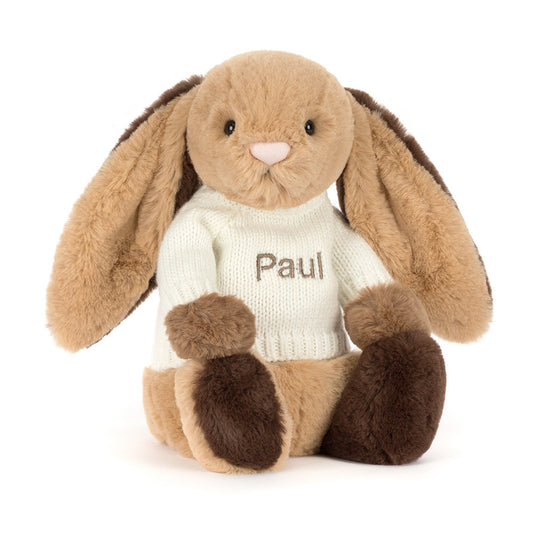 Bashful Patchwork Brown Bunny with Personalised Cream Jumper