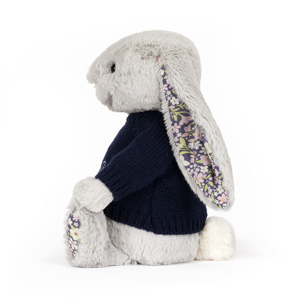 Blossom Silver Bunny 'Bloom' with Personalised Navy Jumper