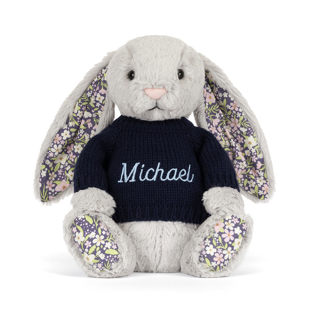 Blossom Silver Bunny 'Bloom' with Personalised Navy Jumper